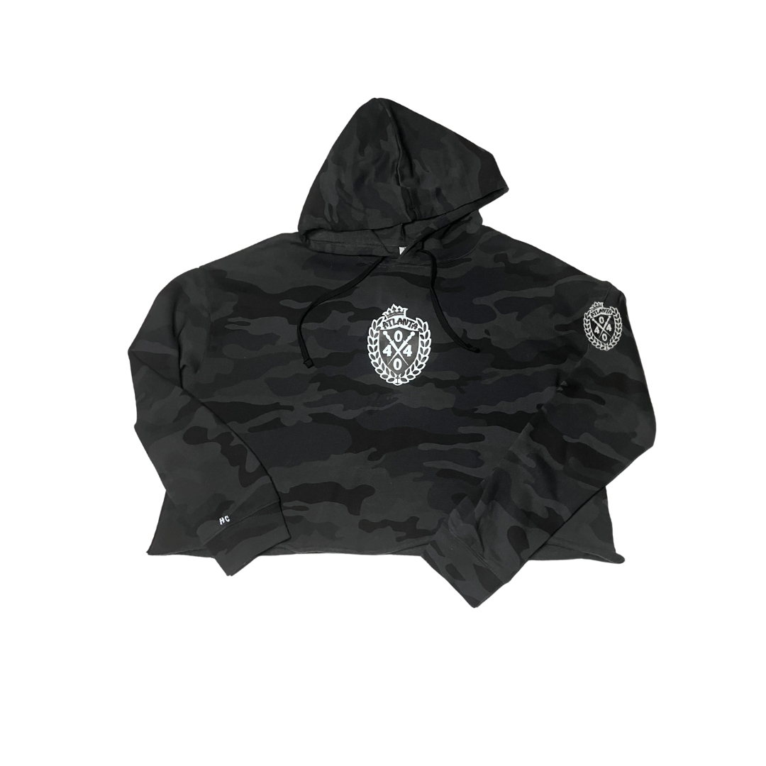 Hood Codz - Ladies lightweight black camo crop hoodie with silver and black Royalty logo on front of hoodie and on left sleeve.