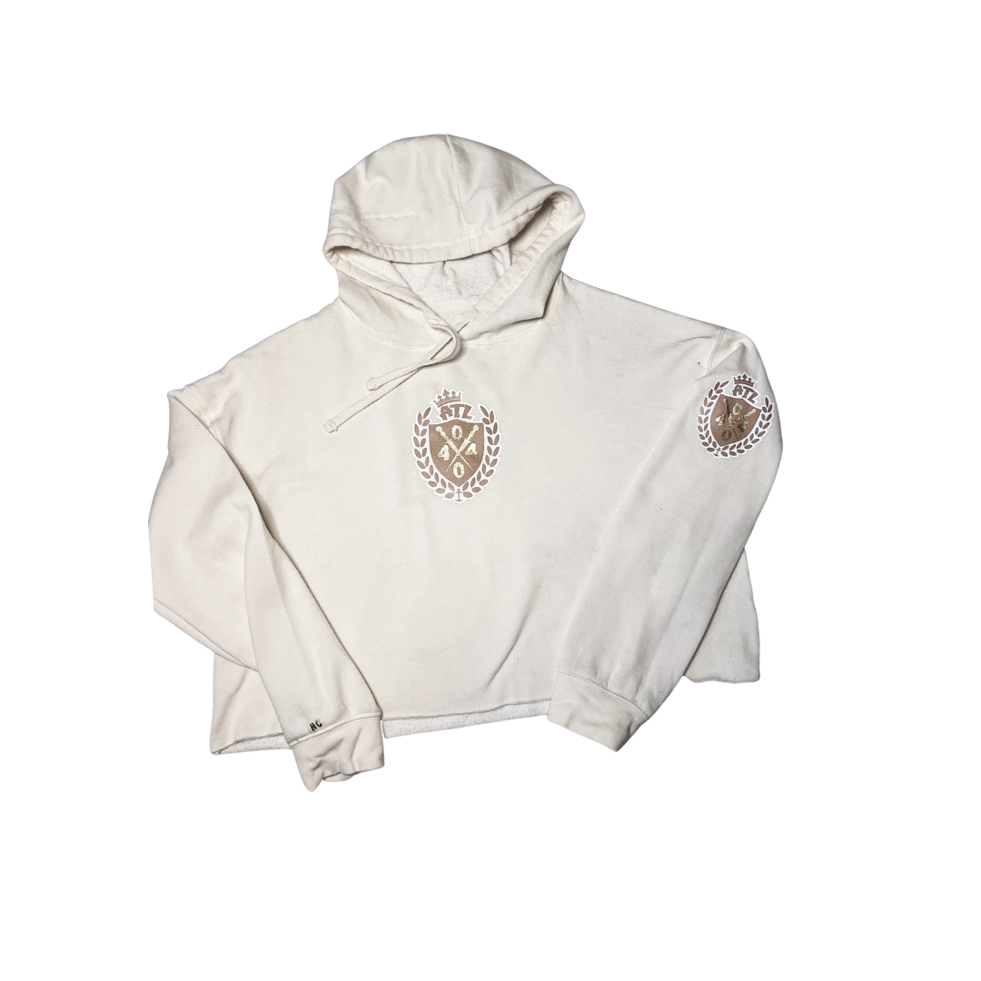 Hood Codz - Ladies Crop lightweight hoodie with tan and gold Royalty logo, Atl model.