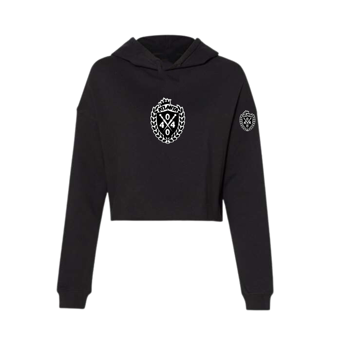 Hood Codz - Ladies lightweight black crop hoodie with white and black Royalty logo.