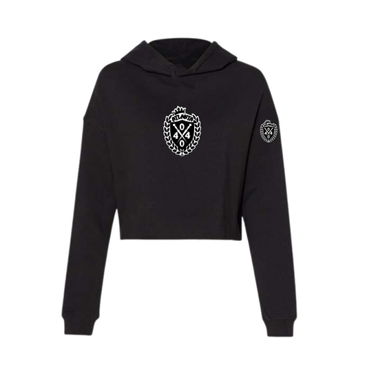 Hood Codz - Ladies lightweight black crop hoodie with white and black Royalty logo.