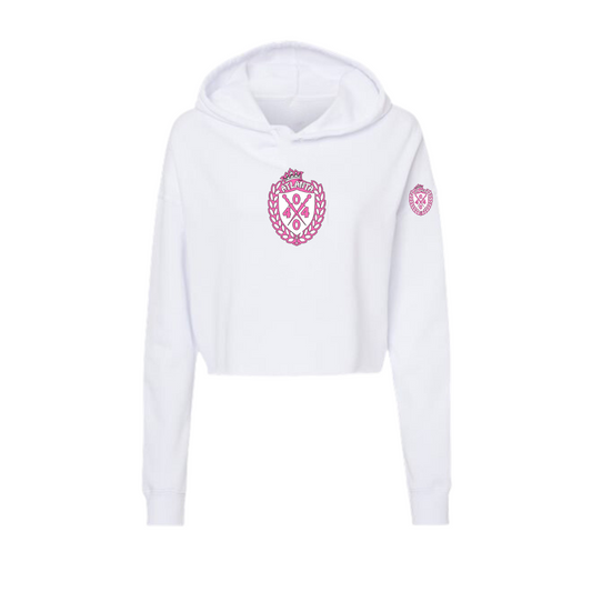 Ladies lightweight white crop hoodie with hot pink and white Royalty logo on front of hoodie and on left sleeve.