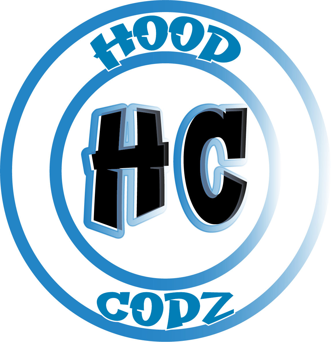 Hood Codz Logo - Double circle with HC in the middle and Hood on the top and Codz on the bottom.