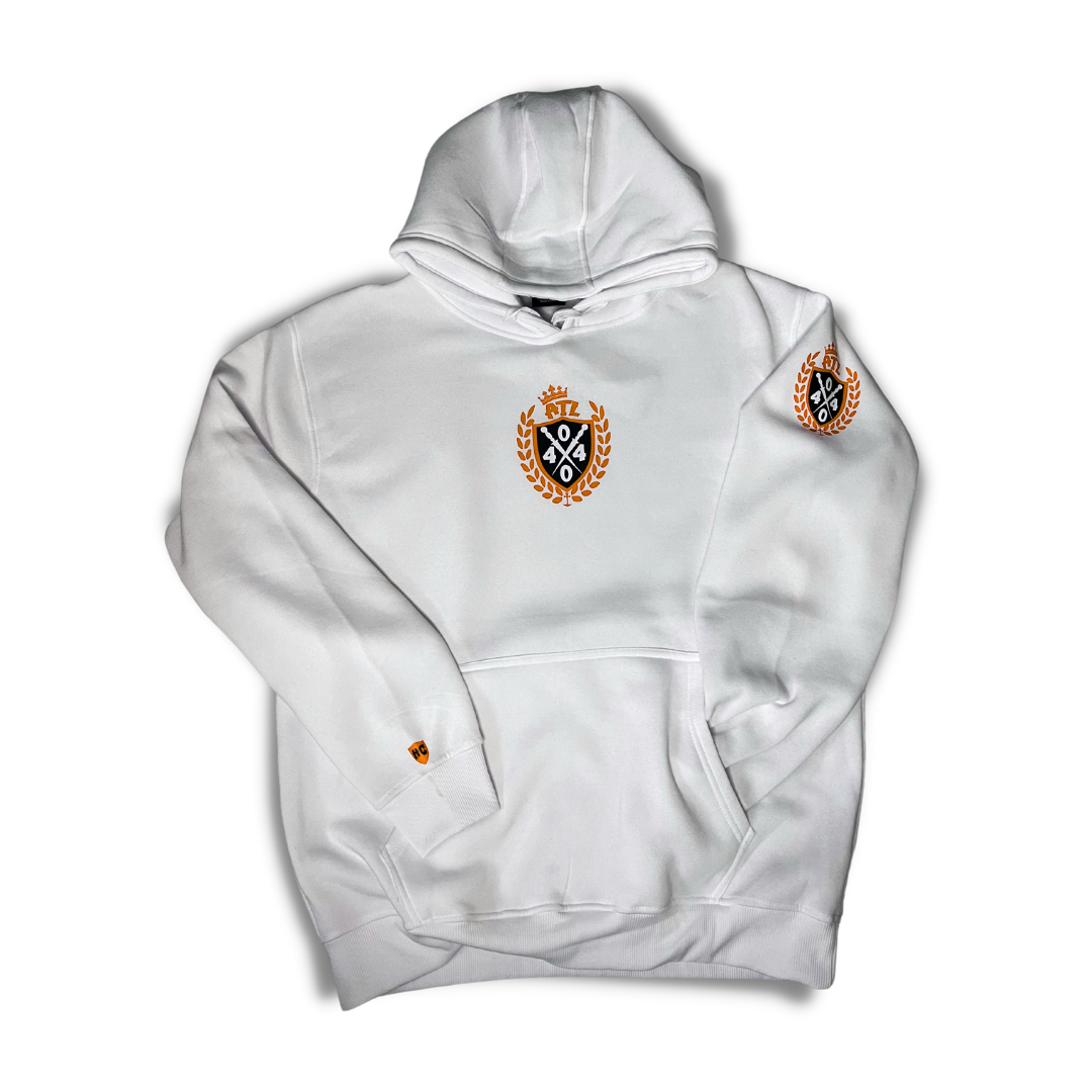 Hood Coz Royalty Hoodie - White pullover hoodie with Orange, Forest Green and White Royalty Logo