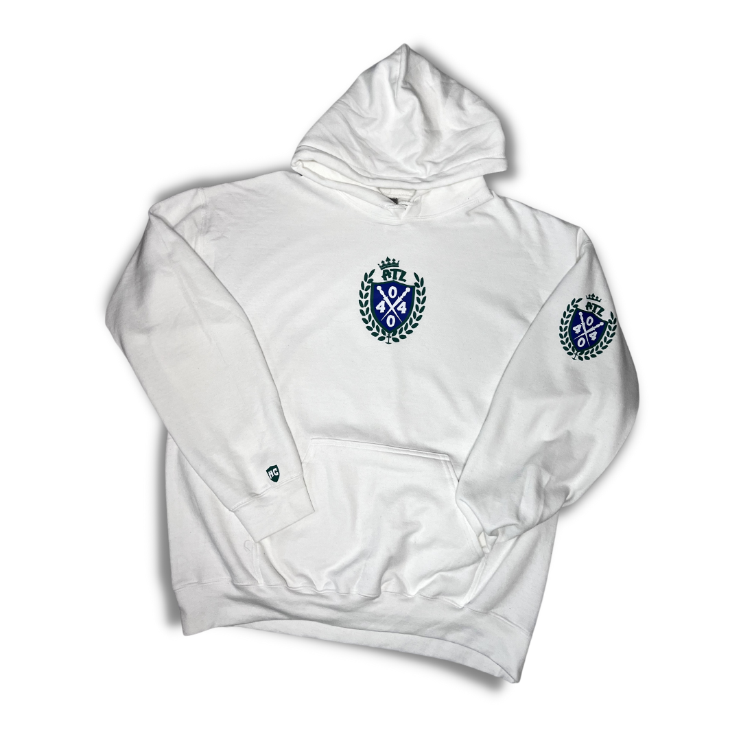 Hood Coz Royalty Hoodie - White pullover hoodie with Forest Green, Royal Blue and White Royalty Logo